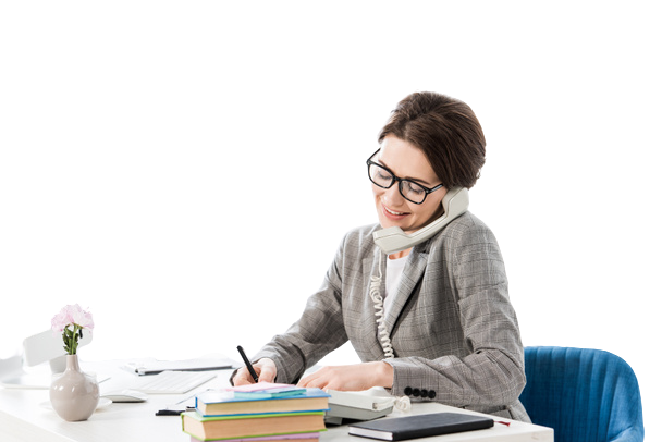 stock photo smiling attractive businesswoman talking stationary telephone office removebg preview